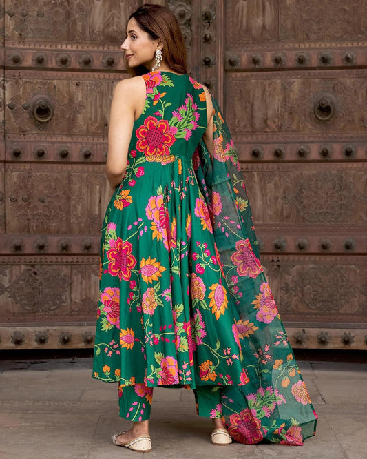 ANNI DESIGNER Women's Cotton Blend Anarkali Printed Kurta with Pant & Dupatta